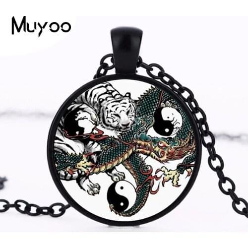 Hot Sale Chinese Dragon Tiger Tai Yin Yang vintage Glass Photo Pendant Choker Necklace Men Women Fashion Animal Jewelry HZ1