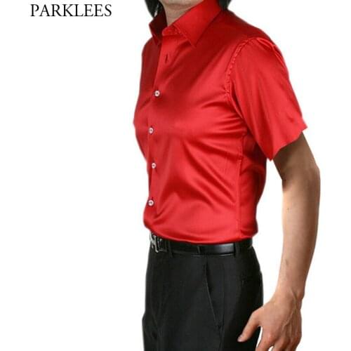 Mens Slim Fit Short Sleeve Silk Shirt 2019 Satin Smooth Men Red Tuxedo Shirt Wedding Business Male Casual Social Shirt Chemise