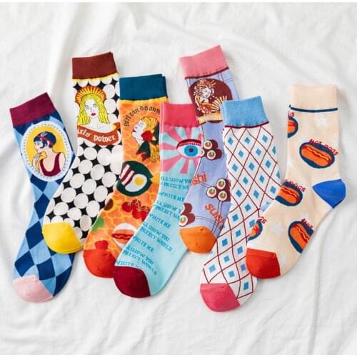 New Personality Woman Happy Socks Cartoons Character Middle Tube Cute Socks Women Breathable Color Matching Cotton Socks Female