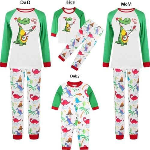 Matching Family Outfits Christmas Dinosaur Print Long Sleeve Round Collar Tops and Pants Mommy And Me Clothes Sleepwear Set
