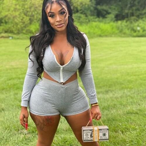 Autumn Solid 2 Piece Outfits Women Long Sleeve Hooded Crop Top and Shorts Set Women Clothing Zipper Sexy Club Outfits for Women