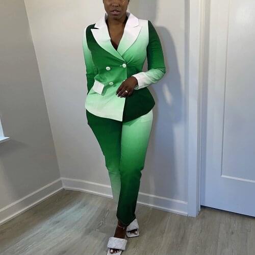 Autumn Women Gradient Color Formal Outfits Two Piece Suit Double Breasted Long Sleeve Jacket + Pencil Legging