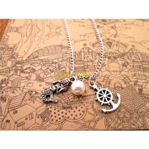 3pcs/lot Mermaid necklace beach ocean sea necklace mermaid Mermaids tears with anchor with Ship Wheel, rudder pendant necklace