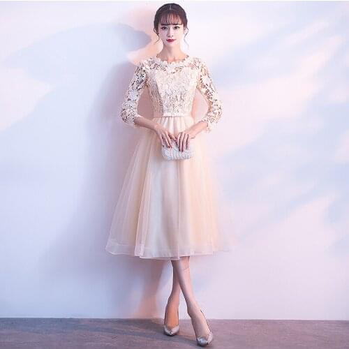 Bridesmaids Dresses Illusion Three Quarter O-Neck Embroidery Knee-Length Luxury Champagne A-Line Women Wedding Party Gown E681