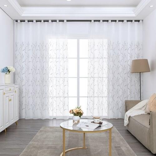 XUNTUO Leaves Embroidered Sheer Curtains Tulle Curtains for Living Room Bedroom Kitchen Window Treatment Voile Drapes Decor