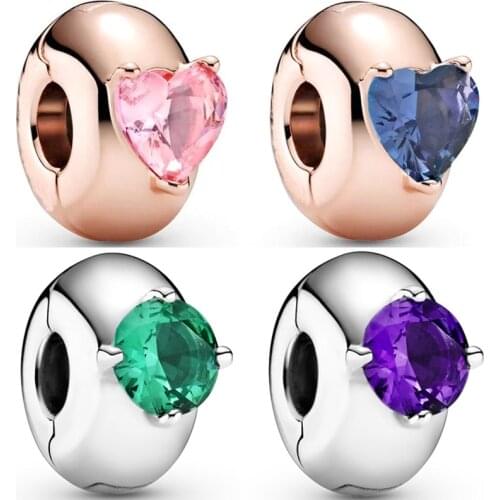 Rose Blue Pink Heart Green Purple Round Solitaire Clip Stopper Charm 925 Sterling Silver Bead Fit Bracelet Europe Diy Jewelry