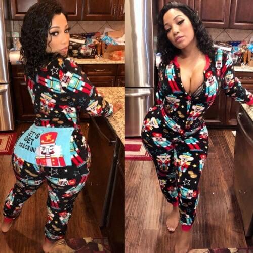 Christmas Jumpsuit Pajamas Women Winter Print Warm Long Sleeve Sleepwear Xmas Cute Zipper Up Nightwear Homewear Suits