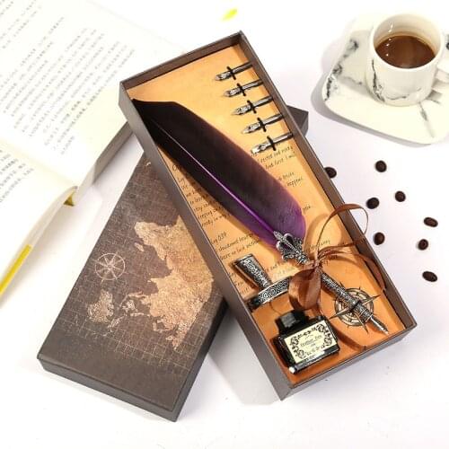 1set Retro Vintage Calligraphy Feather Dip Pen Writing Ink Set Stationery Quill Fountain Pens Creative Vintage Pen Dropshipping