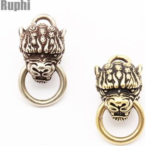 DIY Leather Copper Flame Mythical Spirit Animals Lion Head Hardware Cloth Button Brass Luggage holder ring ornament