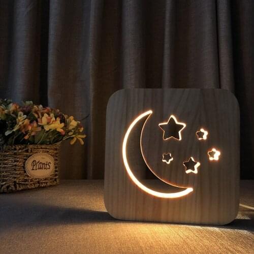 USB LED Stars Moon Night Light Novelty Wood Decorative Table Lamp for Bedroom Bedside Modeling Lamps Luminaria