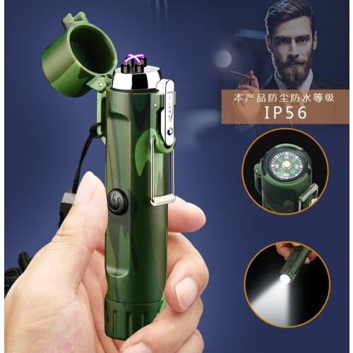 Waterproof USB Electric Torch Lighter Windproof Plasma Rechargeable Lighter Camping Distress Signal Flashlight Lighter Compass