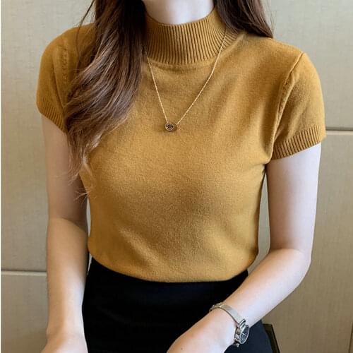 Korean Style Knitted T Shirt Women 2021 Short Sleeve Semi Turtleneck Thin Sweater Tops Female Slim Jumper Office Lady Clothes