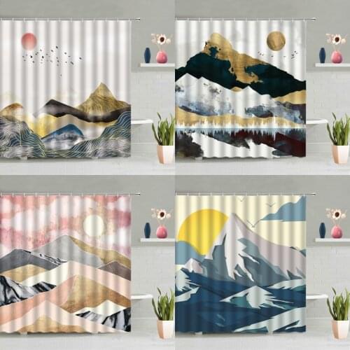 Chinese Style Shower Curtain Water Color Mountain Peak Bird Ocean Boat Bathtub Decor Screen Washable With Hook Hanging Curtains