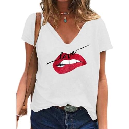 2021 Summer Tee New V-Neck Womens T-Shirt Lip Print Tops Short Sleeve Loose Pullover Female Casual Fashion Ladies Clothes