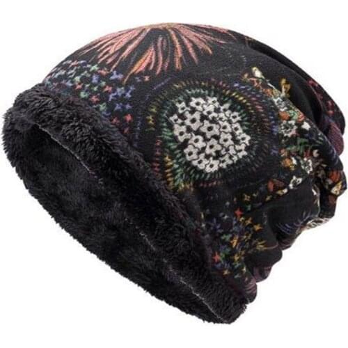 Women Beanies Winter Thicken Velvet Lining Hat Ladies Turban Two Use Scarf Print Flowers Bonnet Autumn Elegant Girls Beanies