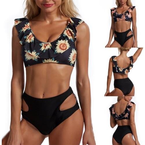 Womens High Waist Bikini Sexy Print Ruffle Swimsuit 2 Piece Set