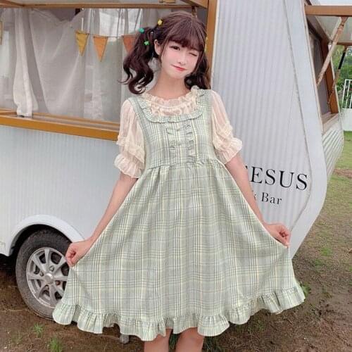Cute Girls Plaid Checks Summer Sleeveless Dress Ruffles Trim Sweet Womens One Piece One Size Mint & Sky Blue