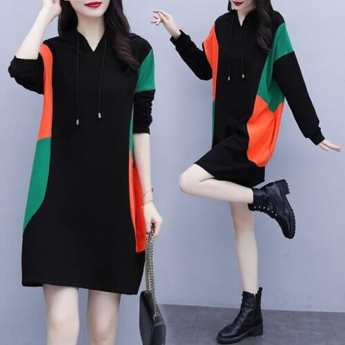 Womens Loose Hoodies Dress Long SLeeve T-Shirt Slim Casual Blouses Blusas Patchwork Autumn Fashion Mini Dresses Clothes for Lady