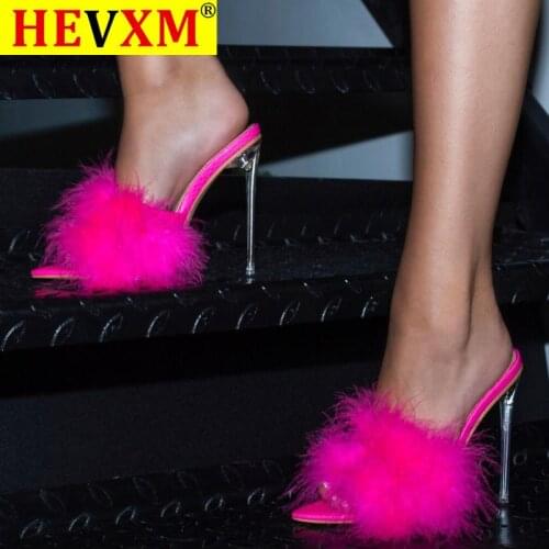 2020 Woman Slides Slippers Women Sandals Summer Shoes Feather Thin High Heels Fur Slippers Peep Toe Mules Lady Pumps Shoes 12CM