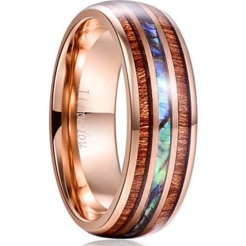 8MM Acacia Abalone Shell Tungsten Steel Ring Male Rose Gold Color Engagement Anniversary Birthday Gift Wood Men Ring Bague Homme