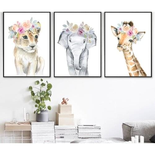 Flower Animal Canvas Poster Lion Zebra Elephant Giraffe Nursery Wall Art Print Painting Wall Pictures Kids Baby Bedroom Decor