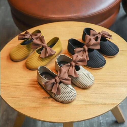 Big bow tie childrens dancing shoes size 21-35 toddler girl shoes knitted leather shoes girls shoes