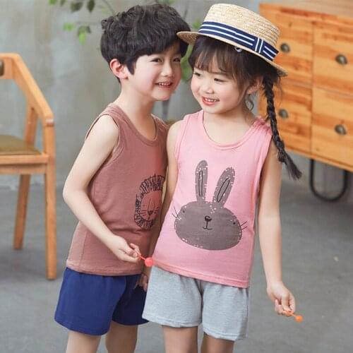 Childrens Leisure Cartoon Summer Sleeveless Vest Sleepwear Suit Pure Cotton Childrens Wear Babys Set
