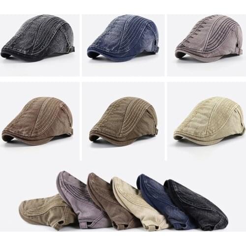 Mens Distressed Embroidery Denim Duckbill Newsboy Style Flat Cap Ivy Cabbie Beret Hat Headwear