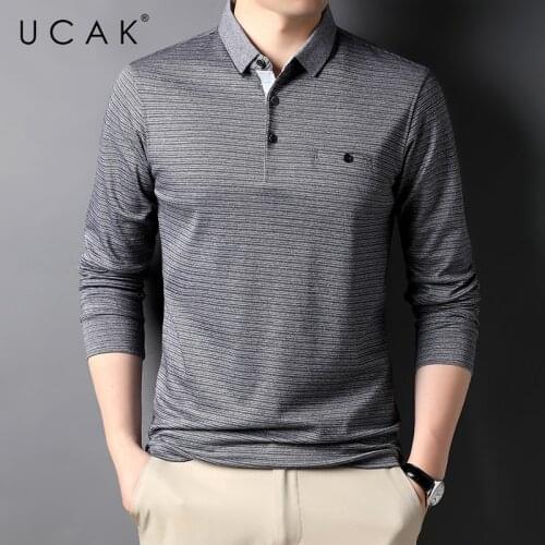 UCAK Brand Classic Striped Cotton Turn-down Collar T Shirt Men Clothes Autumn New Arrivals Streetwear Long Sleeve T-Shirts U5695