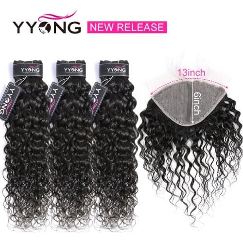 YYong Indian 3 / 4 Water Wave Bundles With Closure T Part Hantied Lace 13X1+6X1 Ear To Ear Lace Closure With Bundles Remy Hair