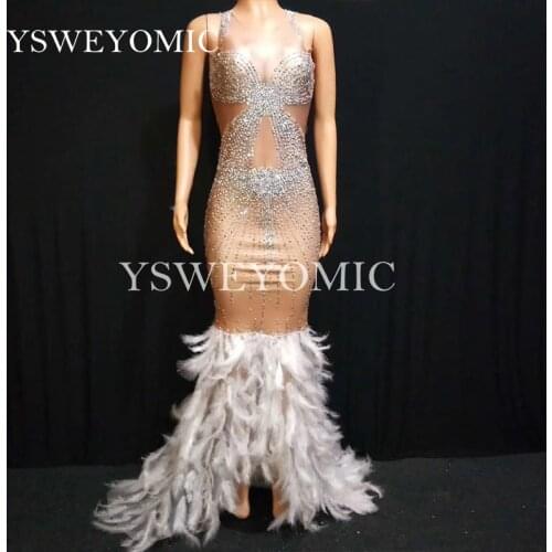 Sparkly Rhinestones Feather Nude Dress Sexy Nightclub Full Stone Long Big Tail Dress Pluma Costume Prom Birthday Celebrate Dress