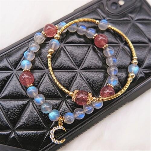 Natural MoonStone Beads Bracelet Charm Elastic Strawberry Quartz Zircon Moon Pendant Gemstone 925 Silver Jewelry Women Bracelet