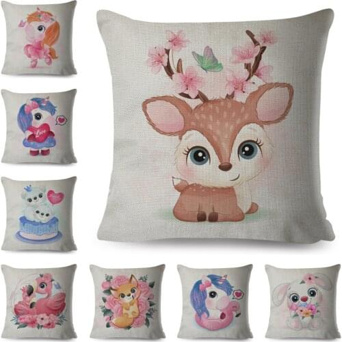 Cute Cartoon Deer Unicorn Owl Elephant Cushion Cover for Children Room Sofa Home Car Decor Pillow Case Linen Pillowcase 45x45cm