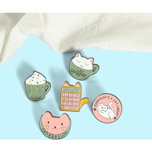 Cartoon Cup Cat Enamel Pins Badge Calculator Ice Cream Coffee Cat Brooches Cute Animal Lapel Bag for Womens Anime Jewelry Gifts