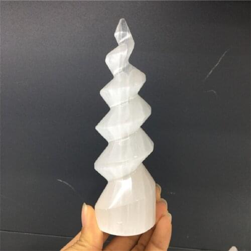 Natural Selenite Lamp Carved Pyramid Tower Healing Crystal Wand Stone Wicca Decor Point White Gift