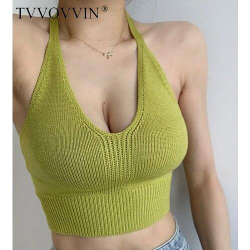 TVVOVVIN Fashion Sexy v neck Backless Knitting Lace Up Bandage Solid Color Slim Knit Bottomed Vest Candy Color Tank women GG0Z