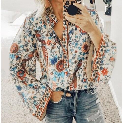 Women Lace-up Print Boho Blouse Vintage Lantern Long Sleeve Blouse Shirt Chic V-Neck Button Blouse Tops Apricot L