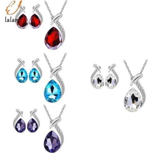 Women Fine Fashion Water Drop Crystal Pendant Clavicular Chain Necklace Earring Jewelry Set Party Trendy HJUEY