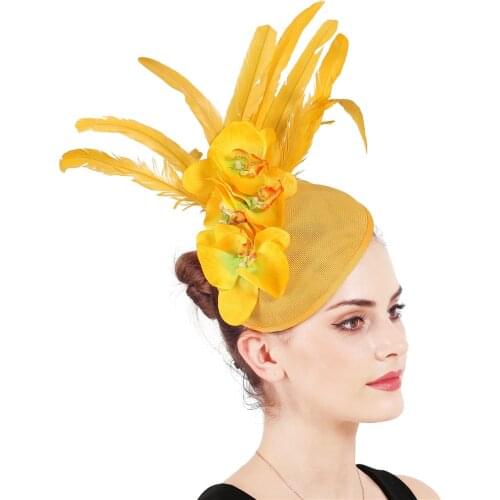 Elegant Womens Fascinators YELLOW Derby Hat Flower For Lady Sinamay Church Hats Big Brim Fedoras Wedding Party Dress Hat SYF701