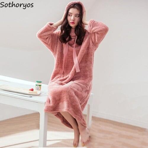 Women Nightgowns Solid Hooded Mid-calf Plus Velvet Casual Loose Soft Flannel Fashion Korean Kawaii Ulzzang Warm Sleepshirts Chic