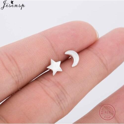 Jisensp 925 Sterling Silver Matte Stars and Moon Stud Earrings for Women Girl Asymmetric Stud Earrings Fashion Jewelry Gift