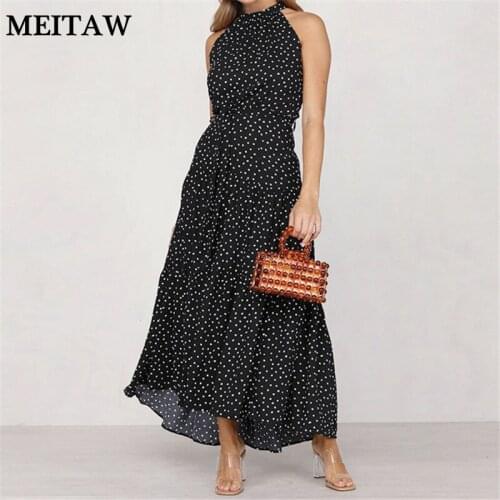 Summer Dot Print Boho Long Dress 2020 Sexy O-Neck Sleeveless Backless Party Dresses Women High Waist Beach Sundress