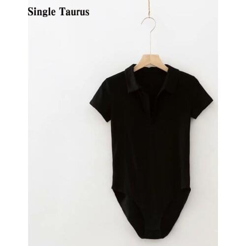 Europe America Streetwear Bodysuits Women Fashion Shorts Sleeve Polo V Neck Sexy Slim Mono Mujer Verano Black White Body Mujer