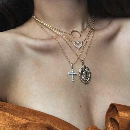 4 Pcs/Set Vintage Heart Cross Crystal Necklaces Set Gold Women Multilayer Virgin Mary Moon Pendant Long Necklace Charm Lady Gift