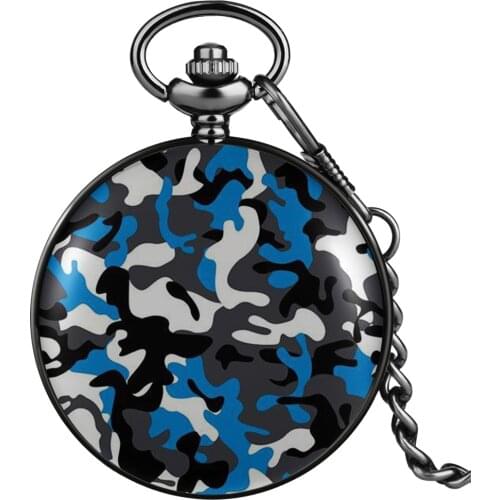 Camouflage Blue/Grey/Green Printing Design Quartz Pocket Watch Vintage Arabic Numerals Clock Pendant Watches Fob Chain Steampunk