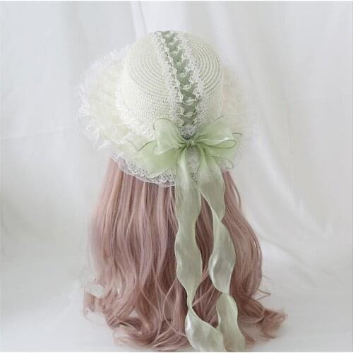 Sweet Girl Spring Straw Hats Women Beach Sun Hat Lolita Lace Bow Ribbon Round Flat Top B1753