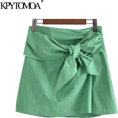 KPYTOMOA Women 2021 Chic Fashion With Bow Mini Skirt Vintage High Waist Side Zipper Female Skirts Mujer
