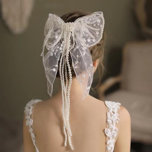 Fairy Lace Bridal Headpiece Wedding Accessories Big Lace Bow with Pearls Free Shipping