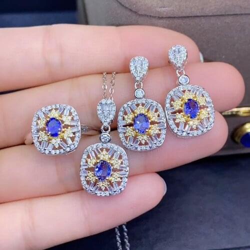 The Best Wedding Gift Natural And Real Tanzanite Jewelry set 925 sterling silver 1pc Ring,1pc Pendant,2pcs Earring