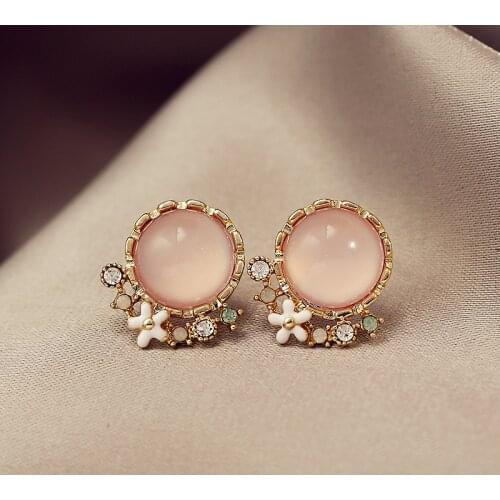 Sweet Cute Pink Opal Stud Earrings Fashion Simple Vintage Mosaic Semi-precious Stones Flower Earrings Woman Bijoux